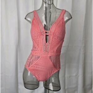 Becca Color Play Crochet Cut Out One Piece Swimsuit Pink Size M